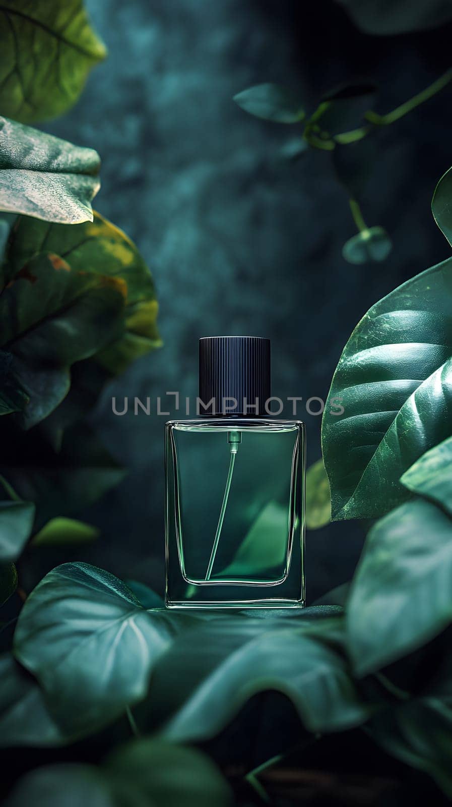 A perfume bottle surrounded by lush green leaves.