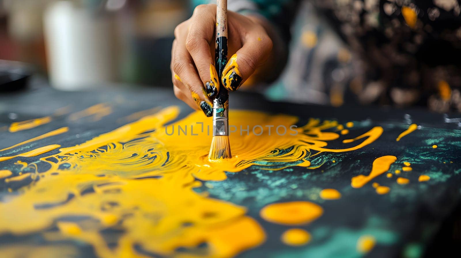 A person painting with yellow paint on a dark canvas.