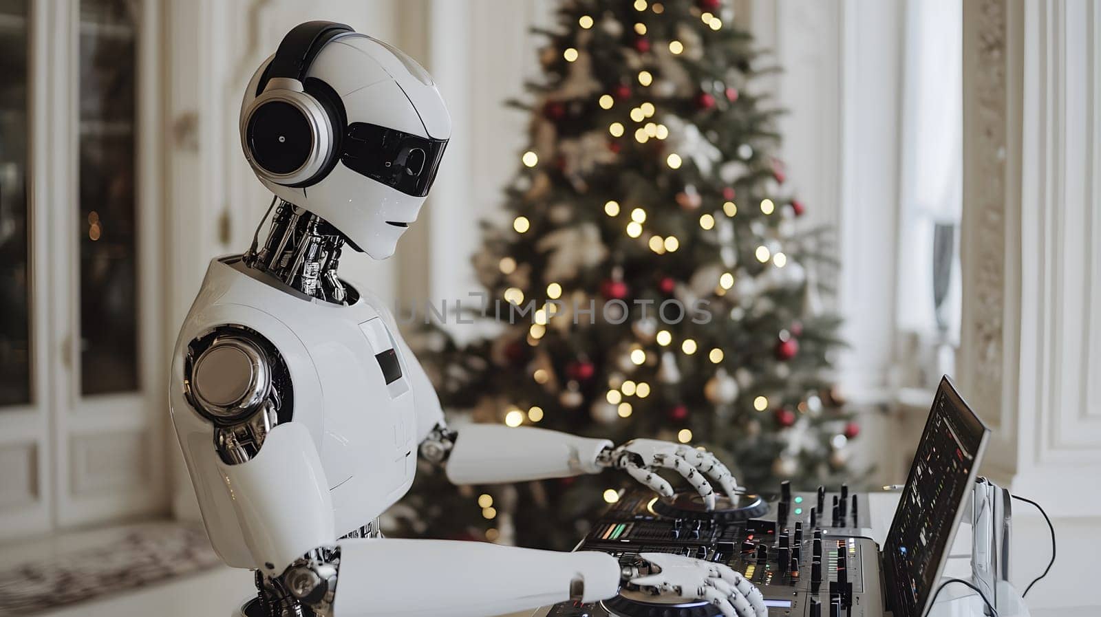 A robotic DJ performing in front of a decorated Christmas tree.