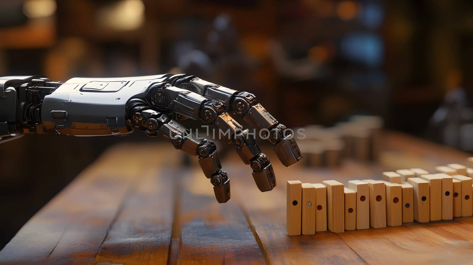 A robotic hand reaching towards a set of dominoes on a table.