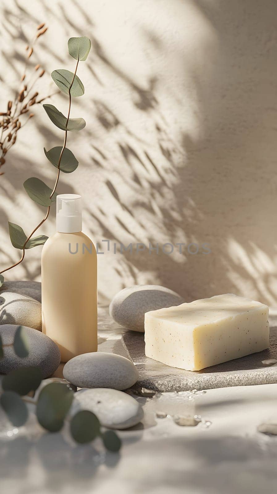 A serene arrangement of skincare products and stones.
