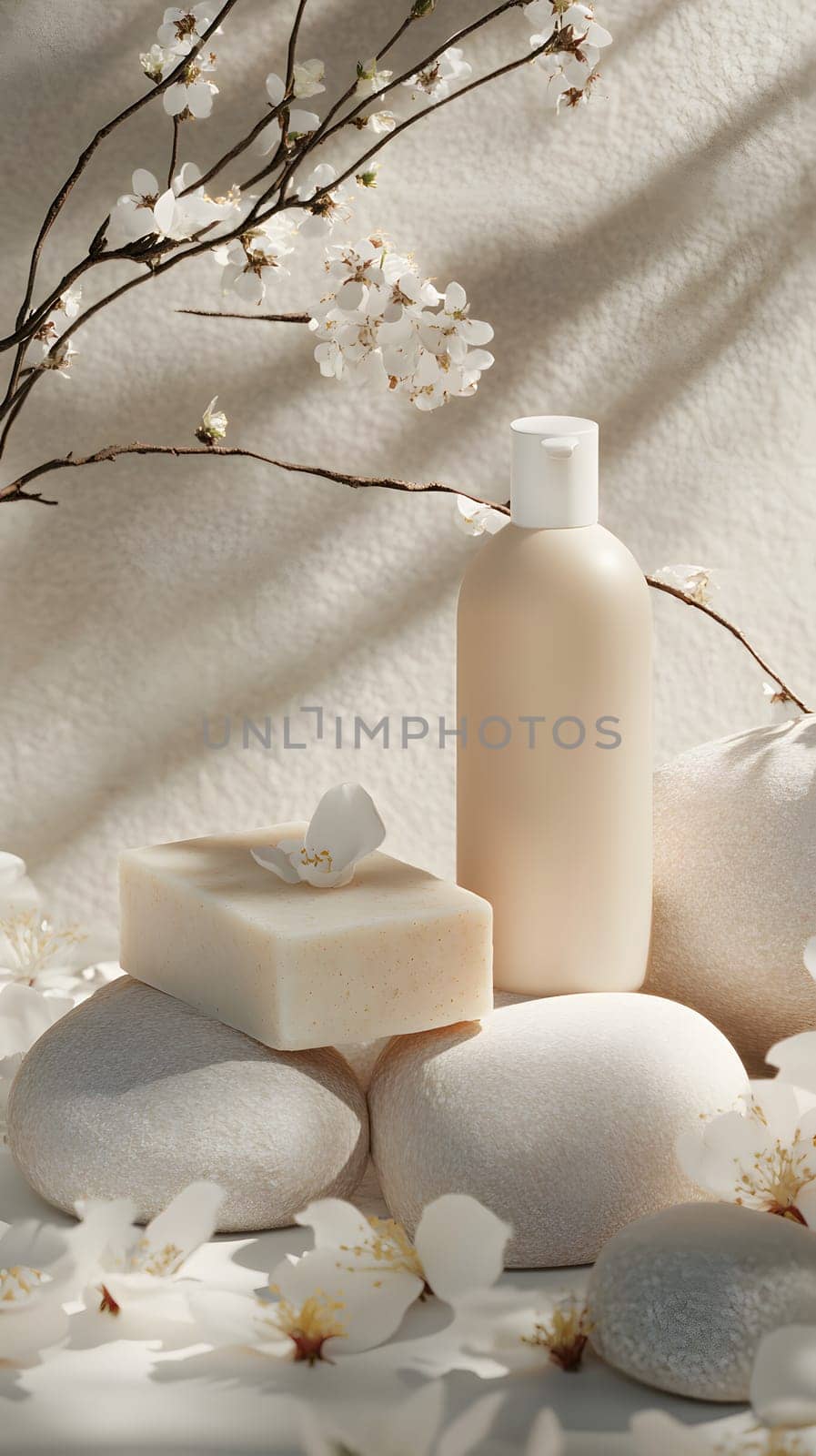 A serene arrangement of skincare products with natural elements.