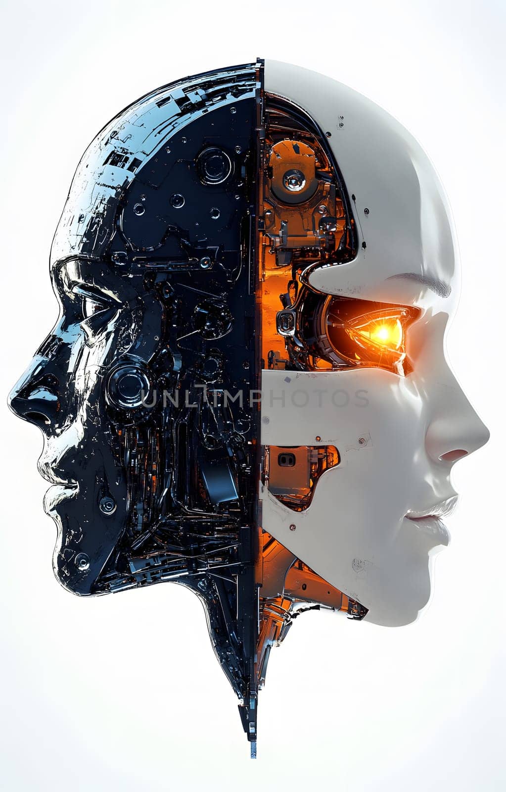 A split-face robot illustration showcasing contrasting designs.