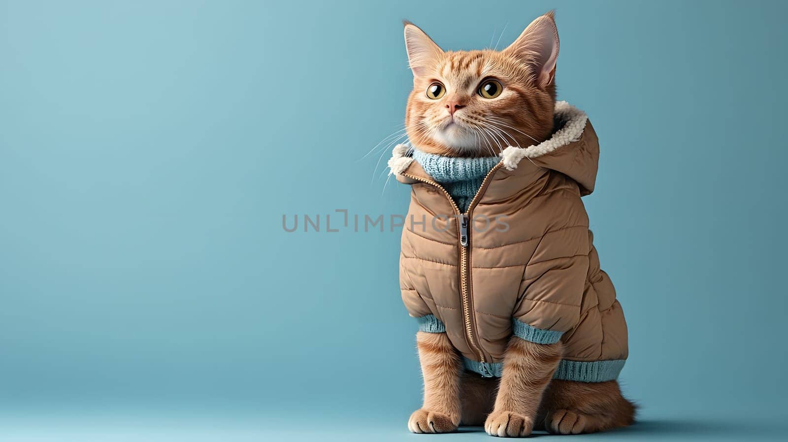 A stylish ginger cat wearing a cozy jacket against a blue background.