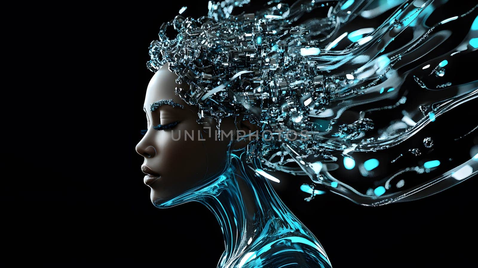 A stylized representation of a human figure with flowing liquid features.