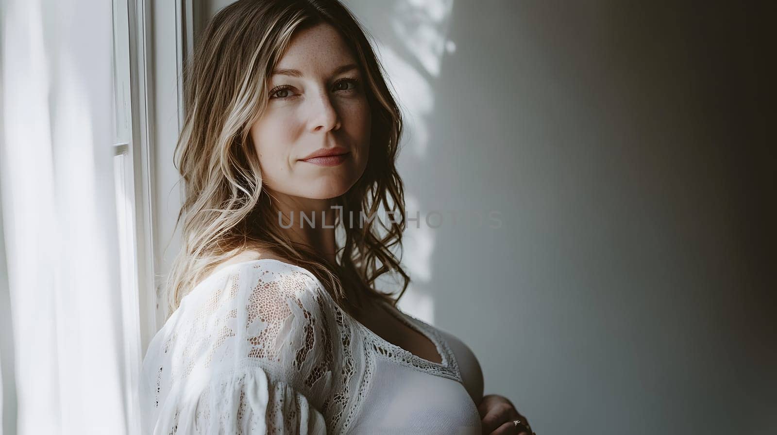 A woman poses thoughtfully by a window, bathed in soft light.