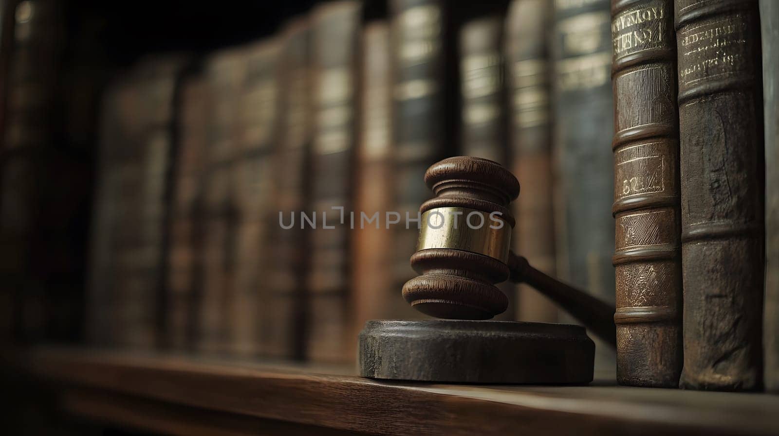 A wooden gavel rests on a shelf beside old law books.