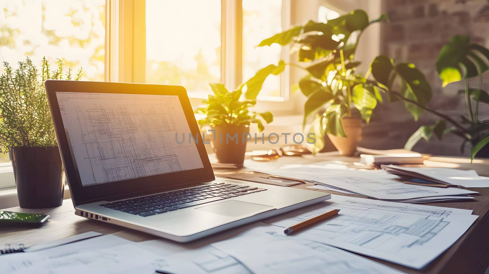 A workspace with a laptop, plants, and architectural plans.