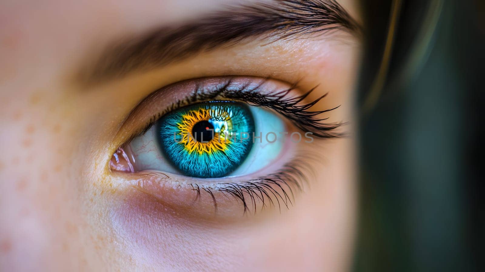 Close-up of a vibrant, multicolored eye showcasing intricate details.
