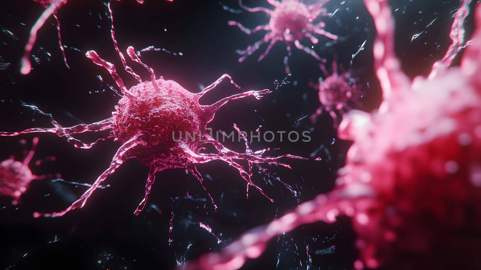 Close-up of vibrant, stylized microorganisms in a dark environment.