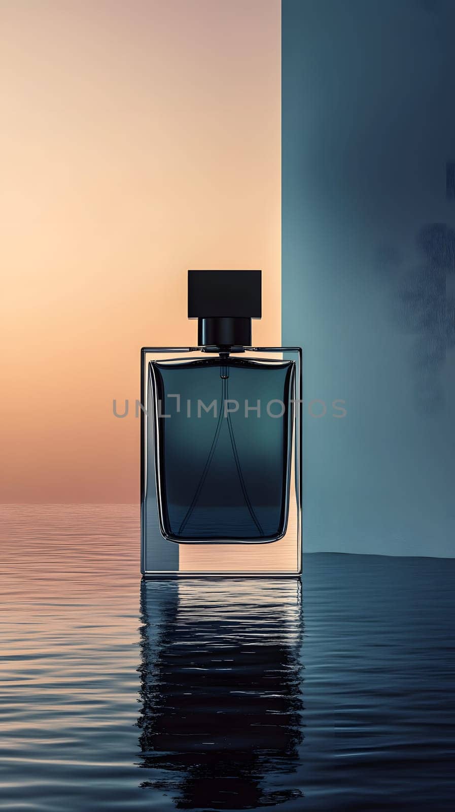 Elegant perfume bottle against a serene sunset backdrop.
