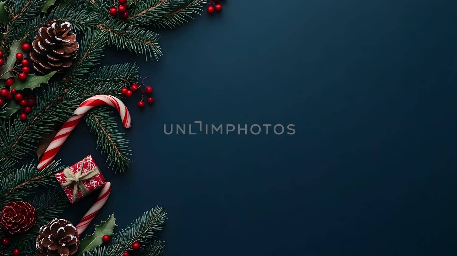 Festive arrangement of pine branches, cones, and holiday decorations.