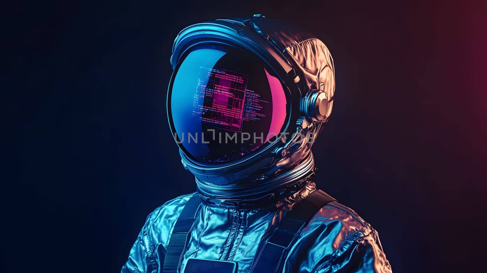 Futuristic astronaut with a digital visor in a vibrant setting.