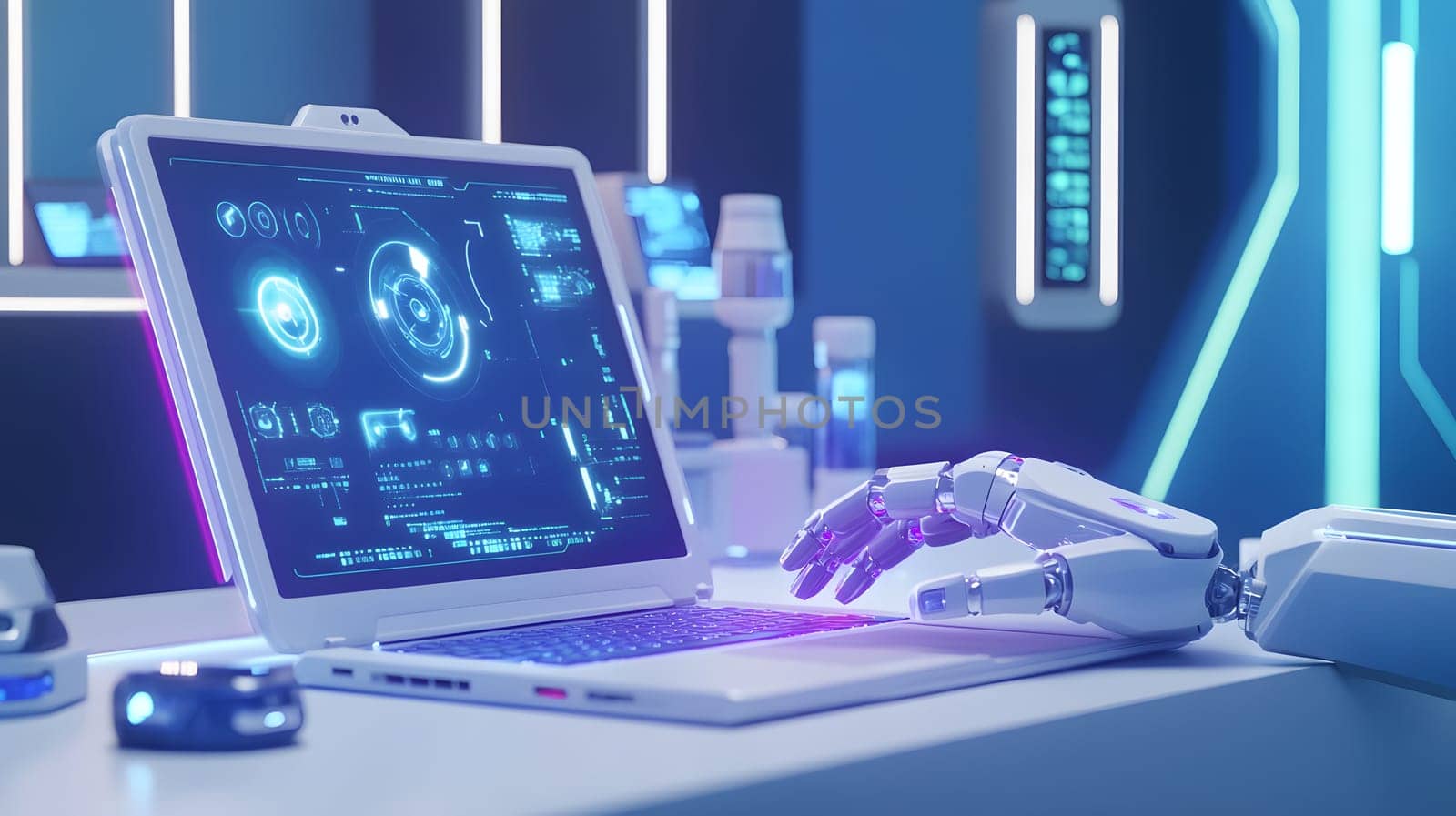 Futuristic robotic hand interacting with a high-tech laptop.