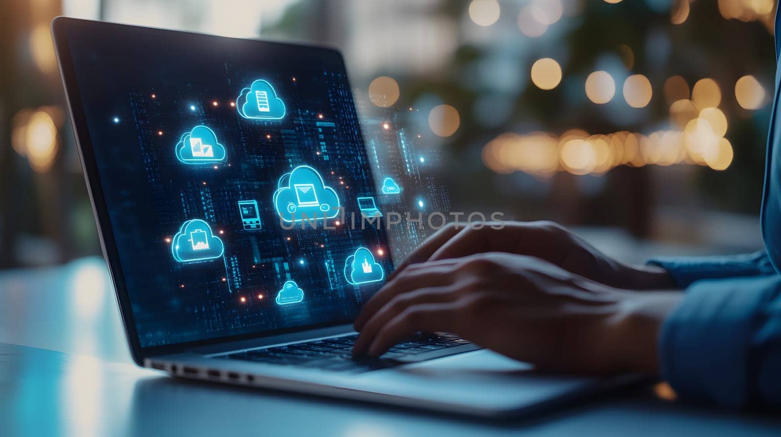 Hands typing on a laptop with cloud computing graphics displayed.