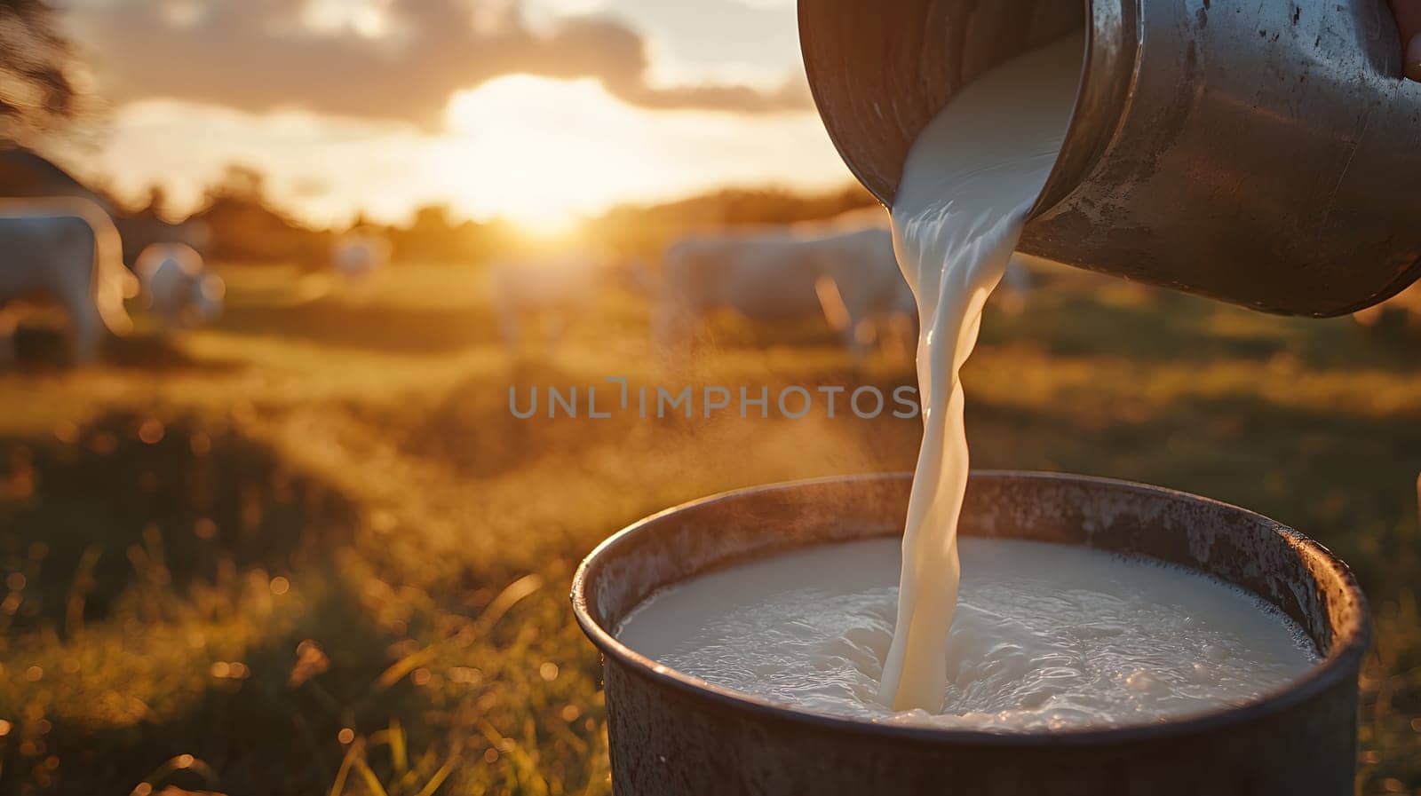 Milk being poured into a bucket during a sunset on a farm.