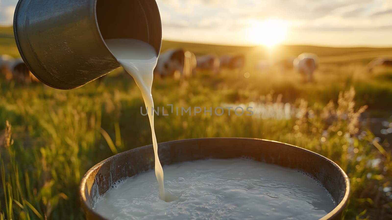 Milk being poured into a container at sunset in a pastoral setting.