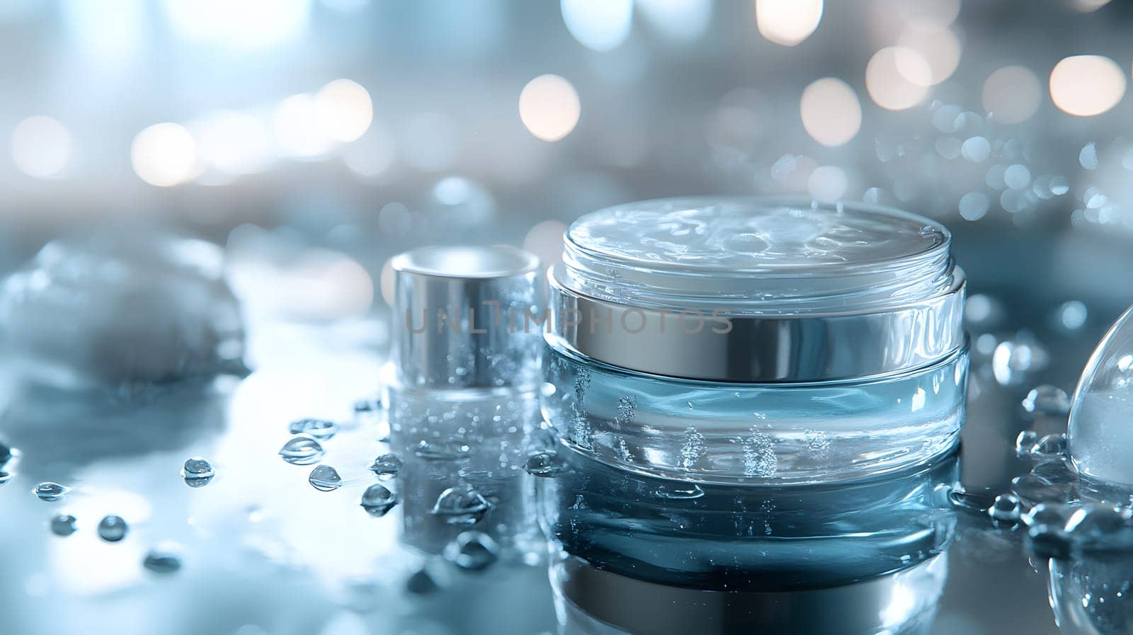 Moisturizing cream in a glass jar surrounded by droplets.