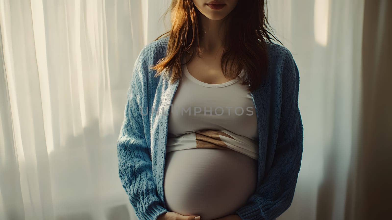 Pregnant woman holding her belly, softly illuminated by natural light.