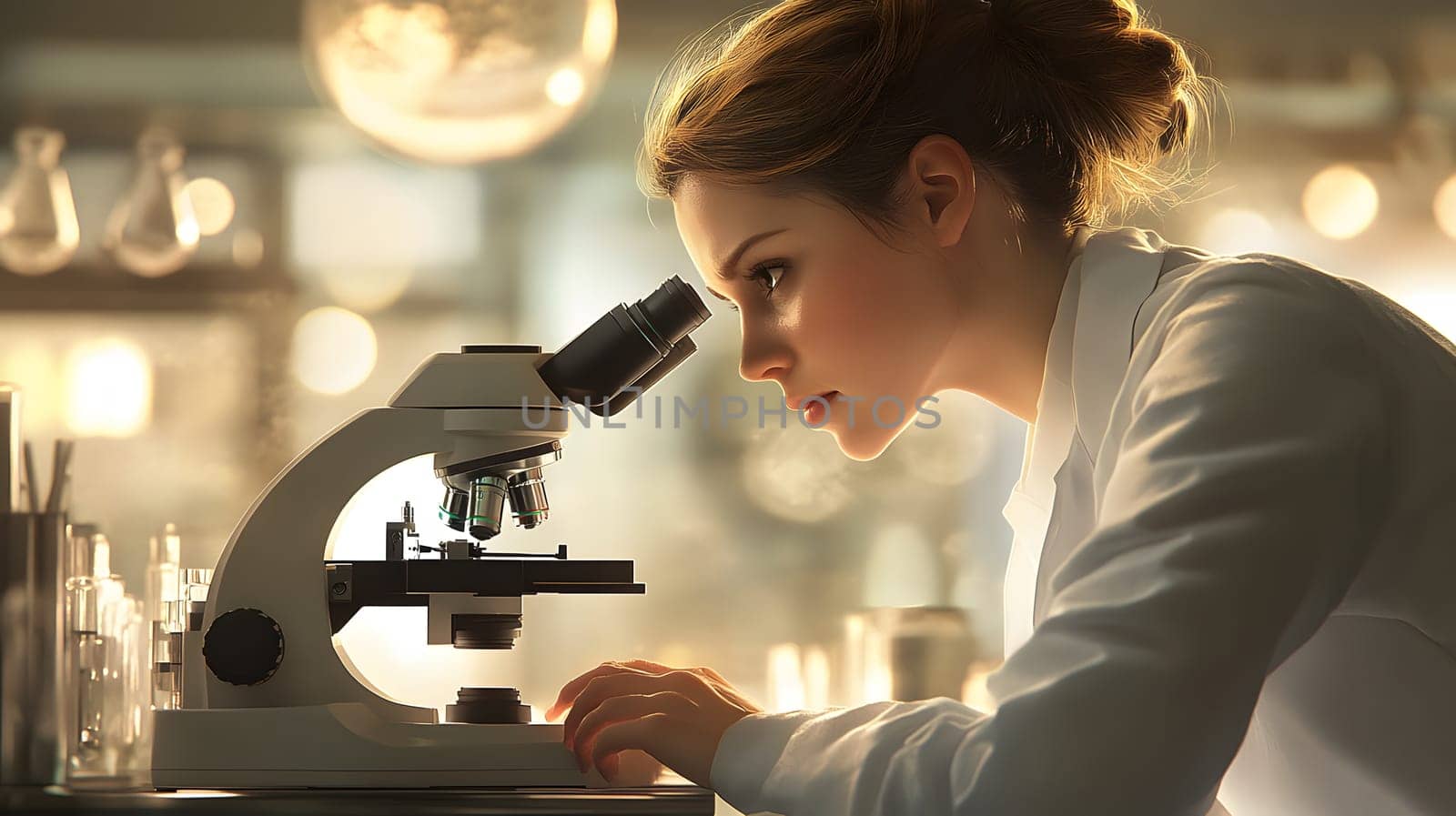 Scientist examines samples under a microscope in a lab setting.