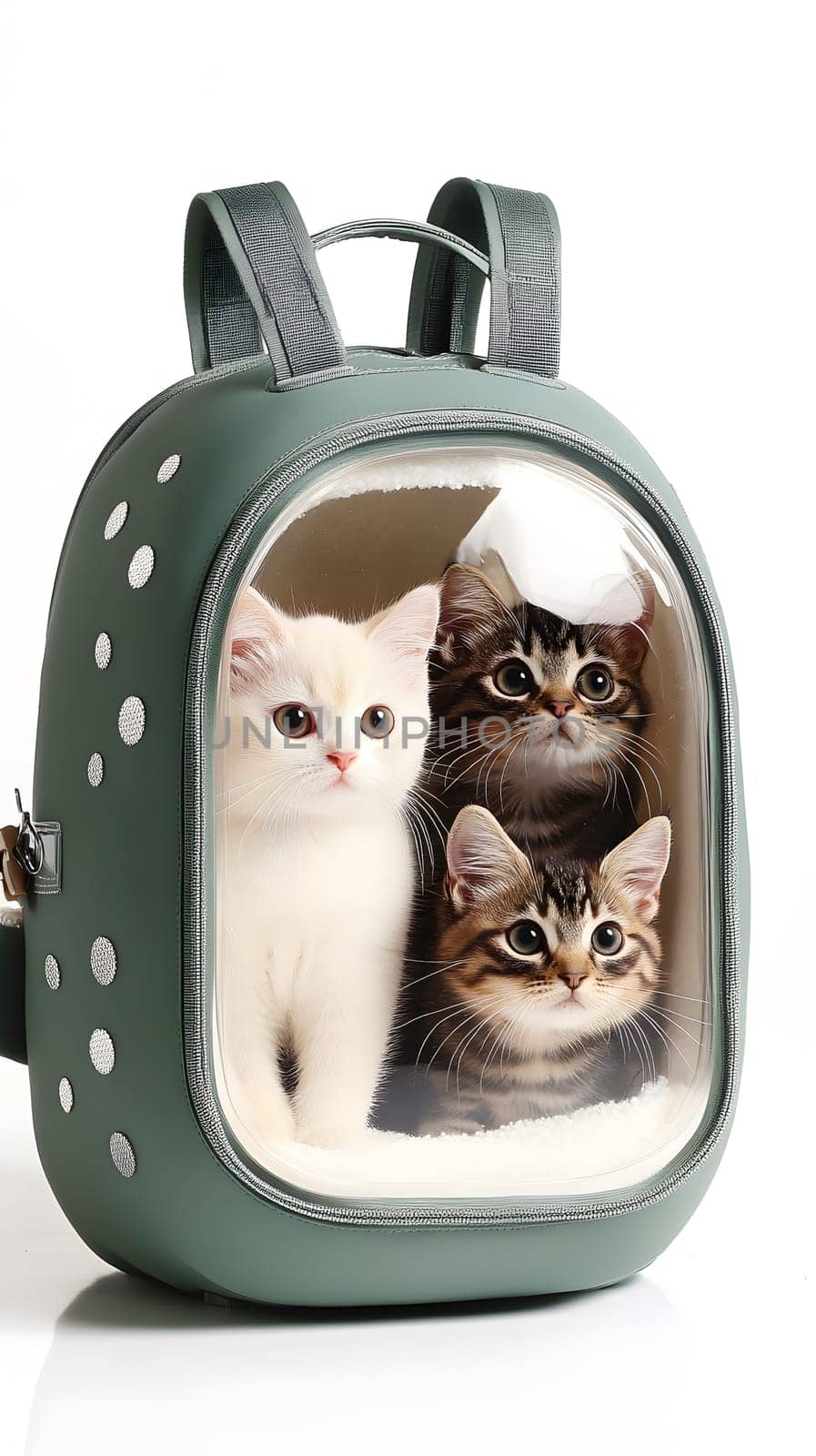 Three cats inside a transparent pet backpack.