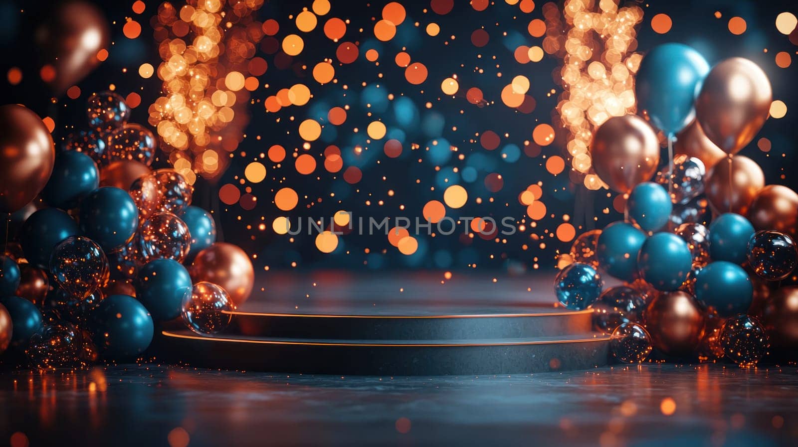 A vibrant event stage with colorful balloons and sparkling lights creates festive atmosphere