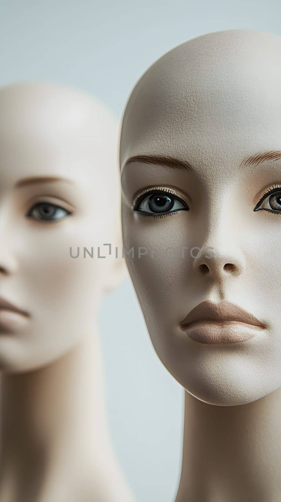 Two mannequin heads with neutral expressions and smooth features.
