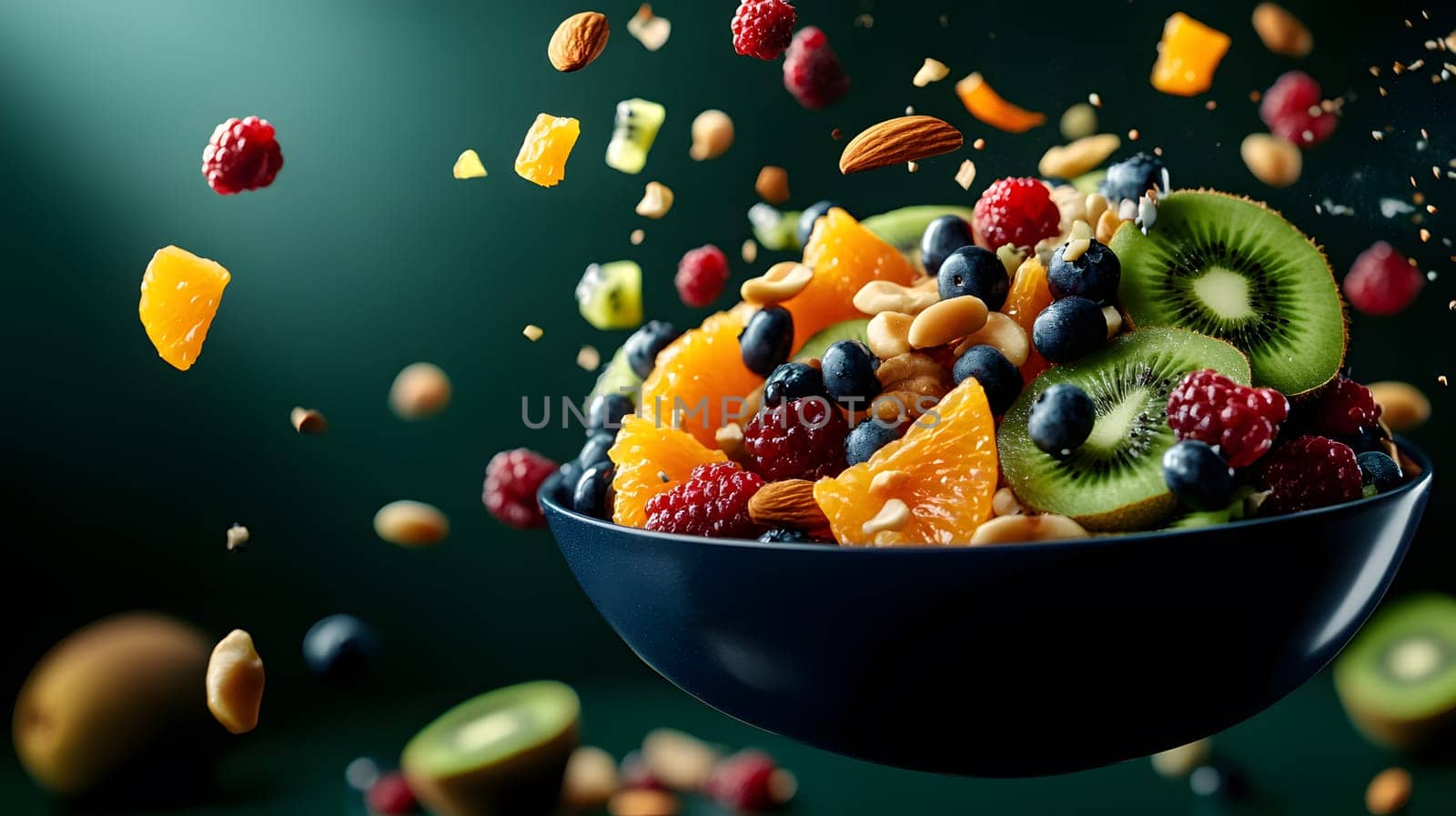 Vibrant fruit salad in a bowl with nuts and seeds, artistically arranged.