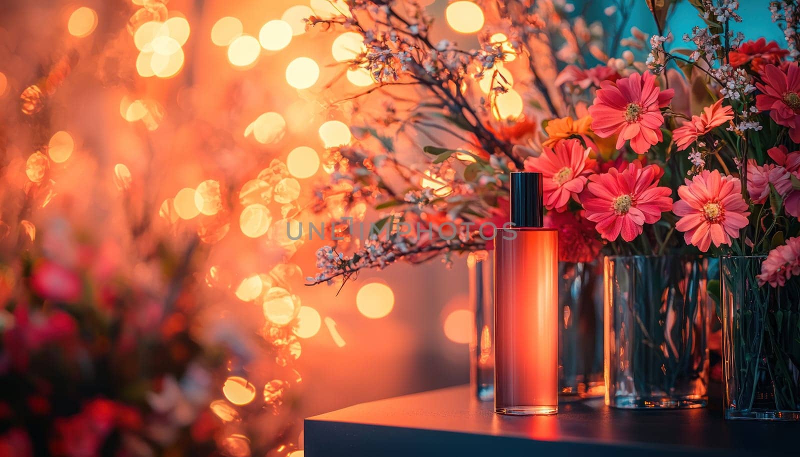 A beautiful perfume bottle surrounded by vibrant flowers and warm lights creates romantic atmosphere