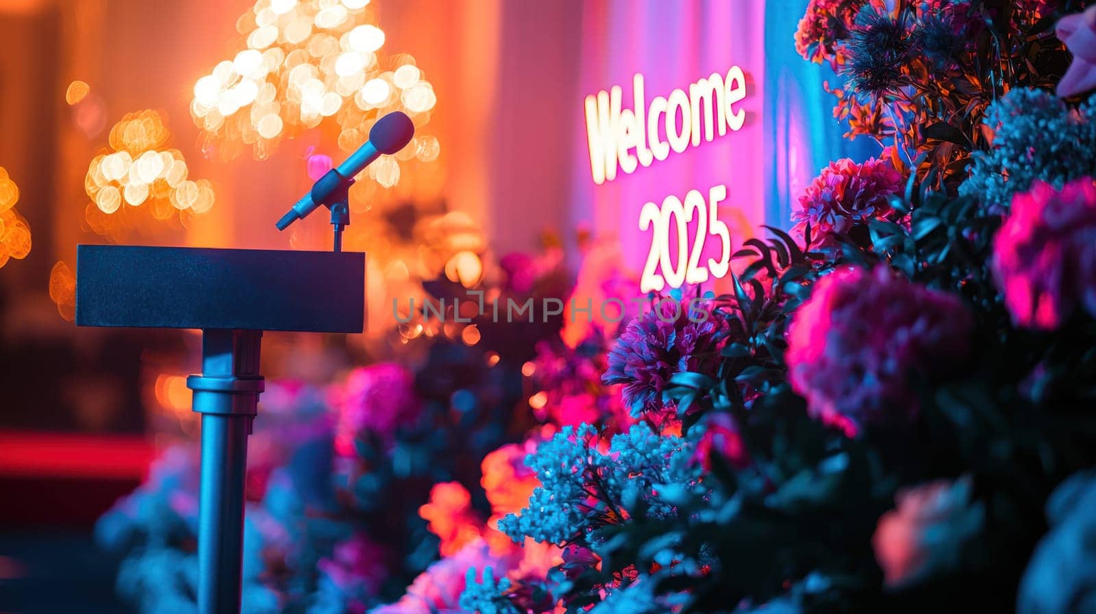 A Welcome 2025 sign with podium surrounded by vibrant flowers, creating festive atmosphere for lively event