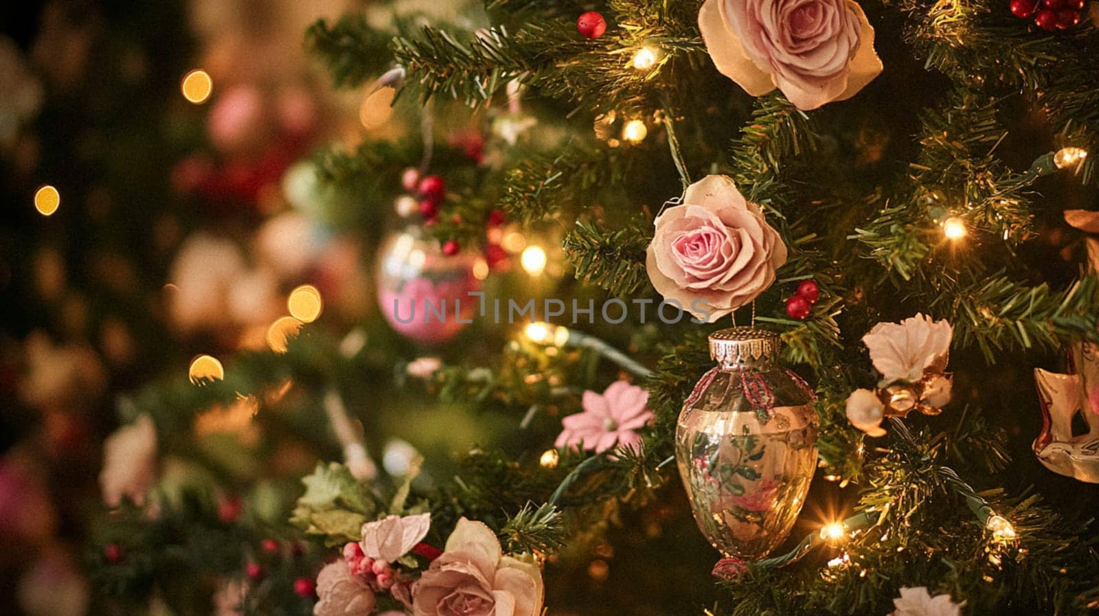 Christmas, holiday decor and country cottage style, cosy atmosphere, decorated Christmas tree in the English countryside house living room with fireplace, interior decoration idea