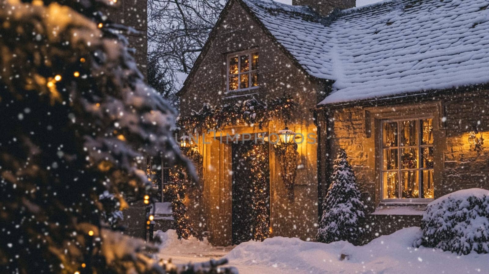 Christmas in the countryside, cottage decorated for holidays on a snowy winter evening with snow and holiday lights, English country styling inspiration