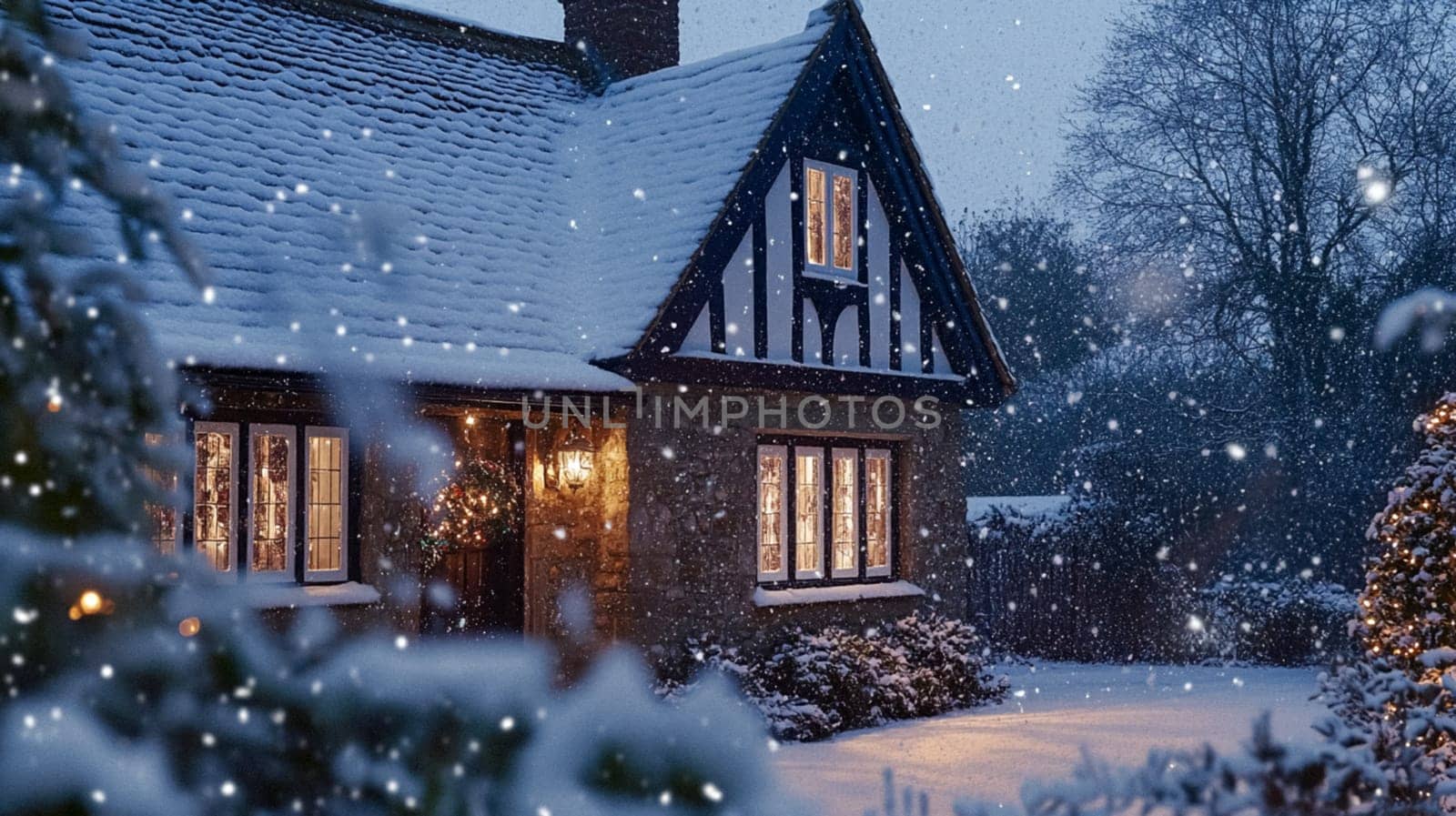 Christmas in the countryside, cottage decorated for holidays on a snowy winter evening with snow and holiday lights, English country styling inspiration