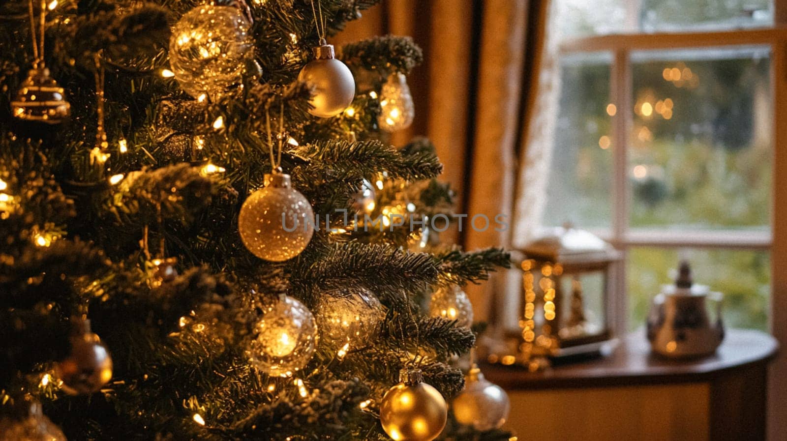 Christmas, holiday decor and country cottage style, cosy atmosphere, decorated Christmas tree in the English countryside house living room with fireplace, interior decoration idea