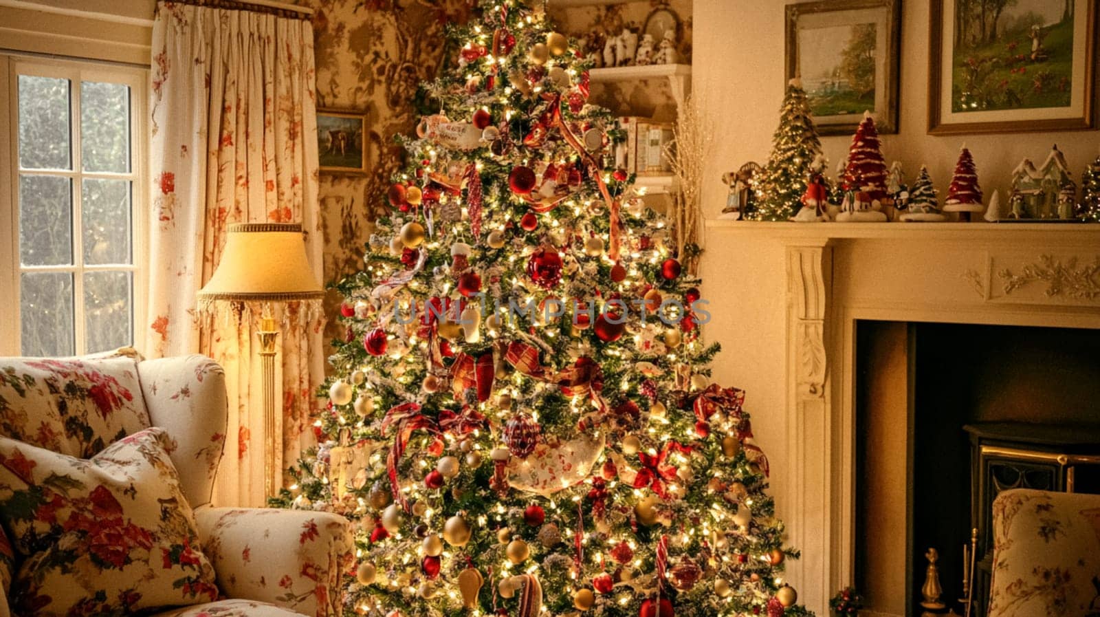 Christmas, holiday decor and country cottage style, cosy atmosphere, decorated Christmas tree in the English countryside house living room with fireplace, interior decoration idea