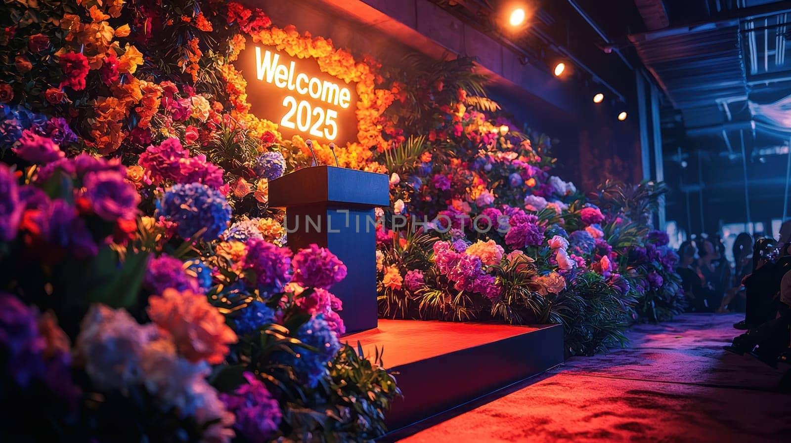 A Welcome 2025 event scene with podium surrounded by vibrant flowers, creating lively atmosphere for occasion