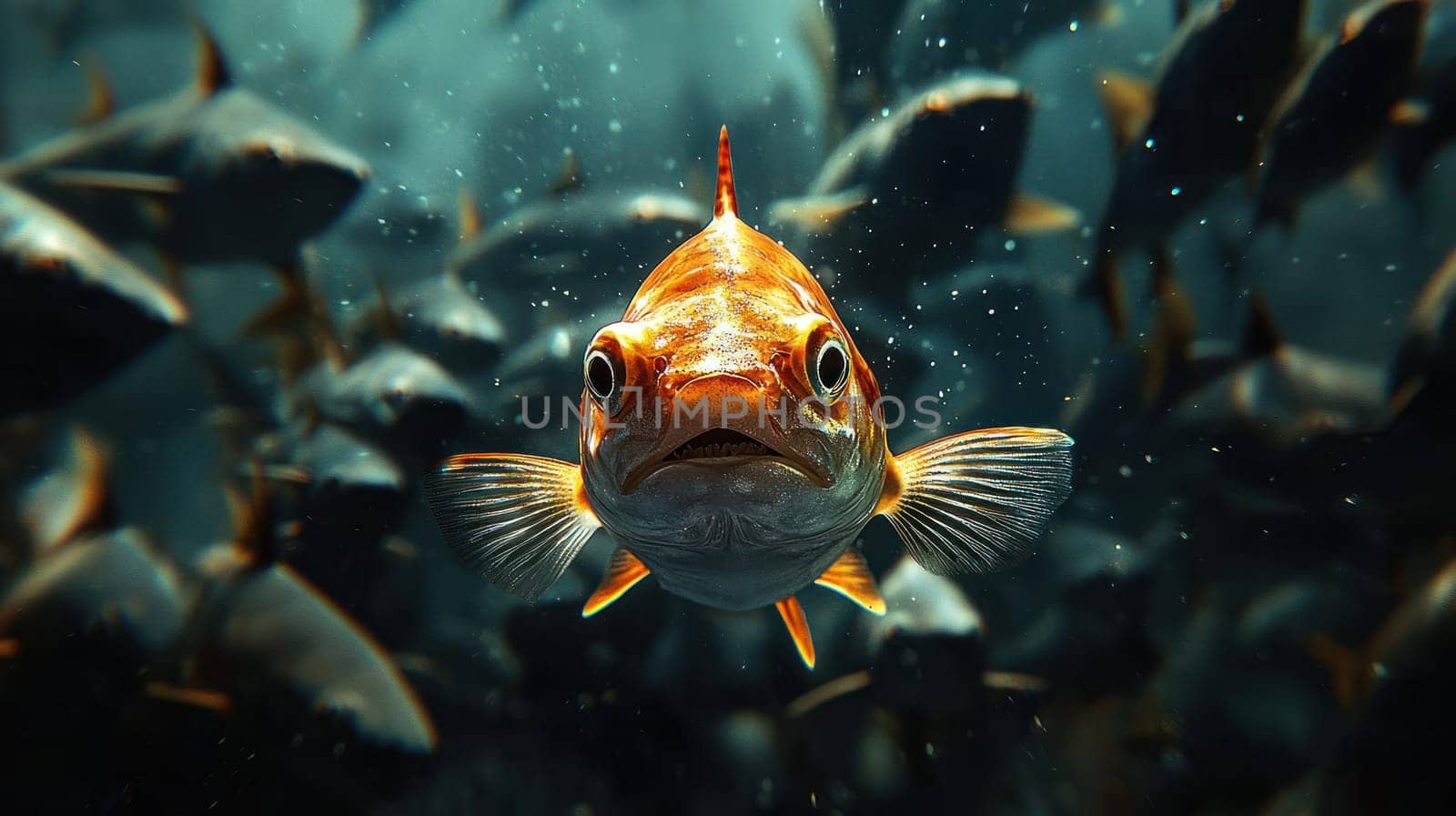 A close up of tiny fish with determined expression swimming among school of fish in vibrant underwater scene