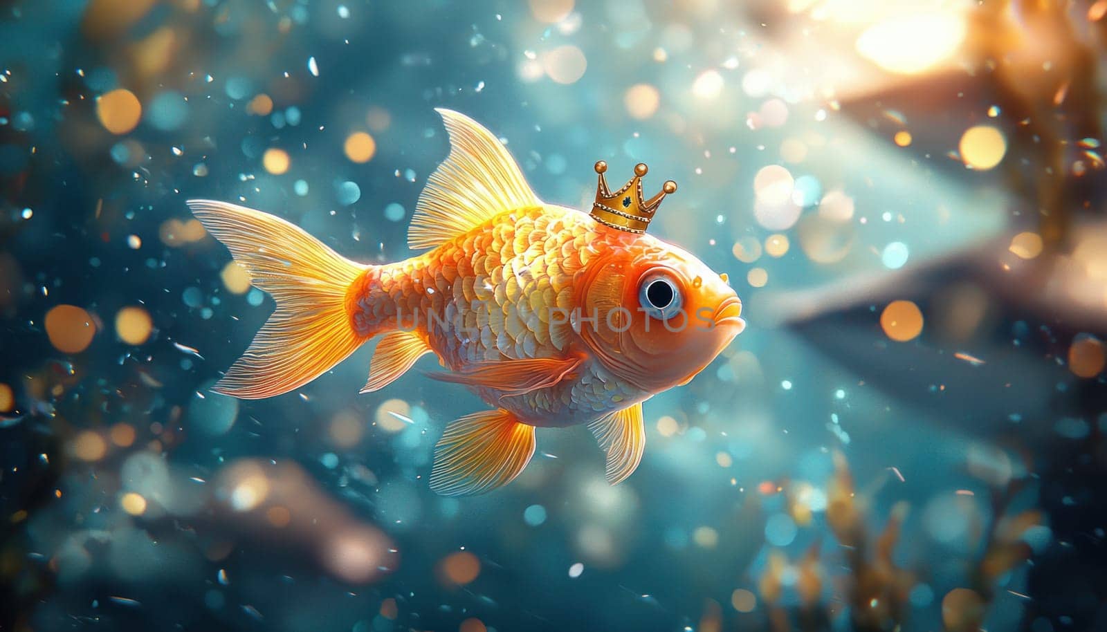 A small fish wearing crown swims gracefully in vibrant underwater scene, surrounded by shimmering bubbles and soft light