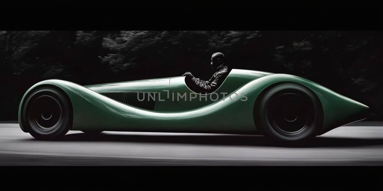 Green sports car speeds through a dark studio with billowing smoke, exuding power and elegance