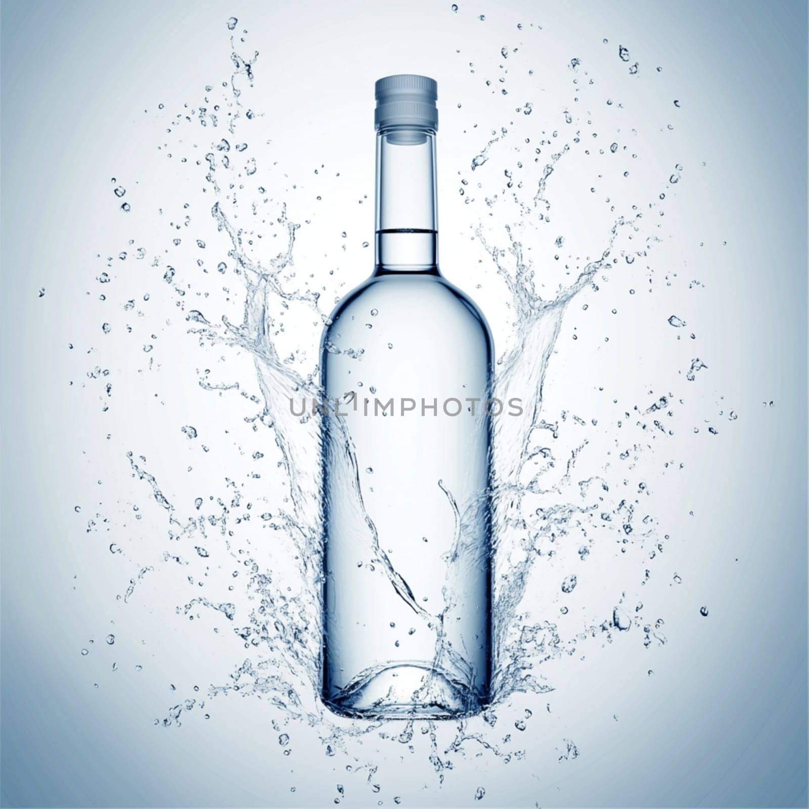 Transparent bottle filled with liquid is standing in the middle of a big splash of water, creating interesting shapes and reflections