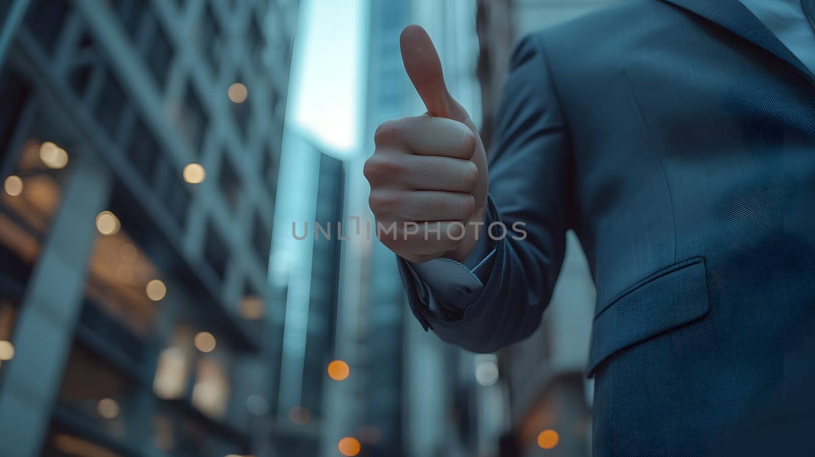 A businessman giving a thumbs-up in an urban setting.