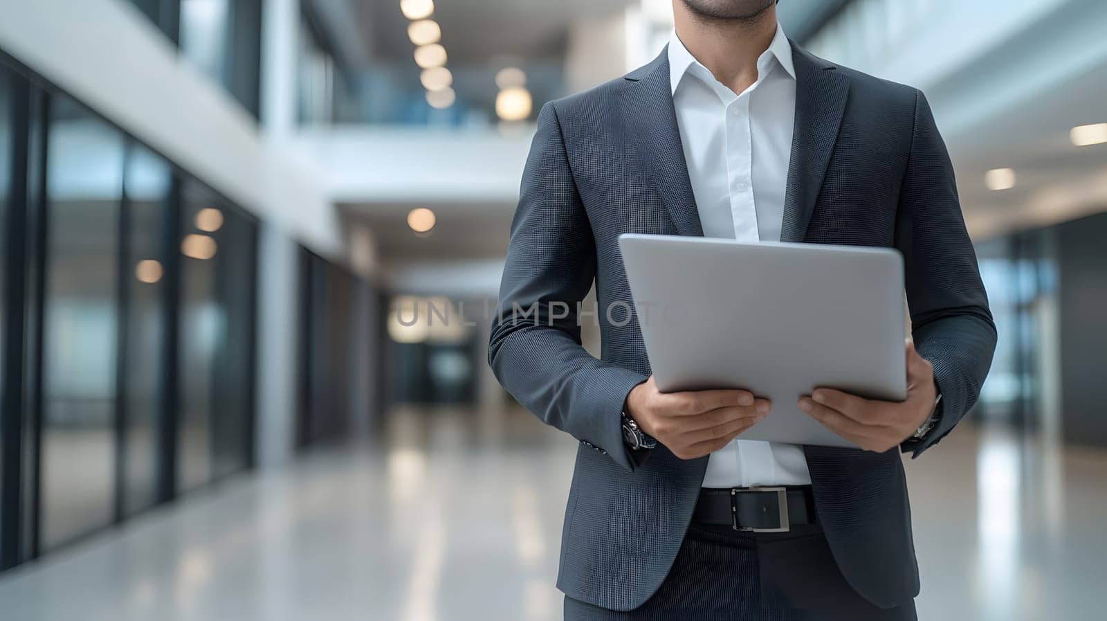 A businessman holding a tablet in a modern office environment.