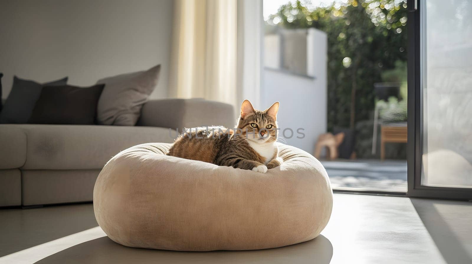 A cat lounging comfortably on a soft pet bed in a sunlit room.
