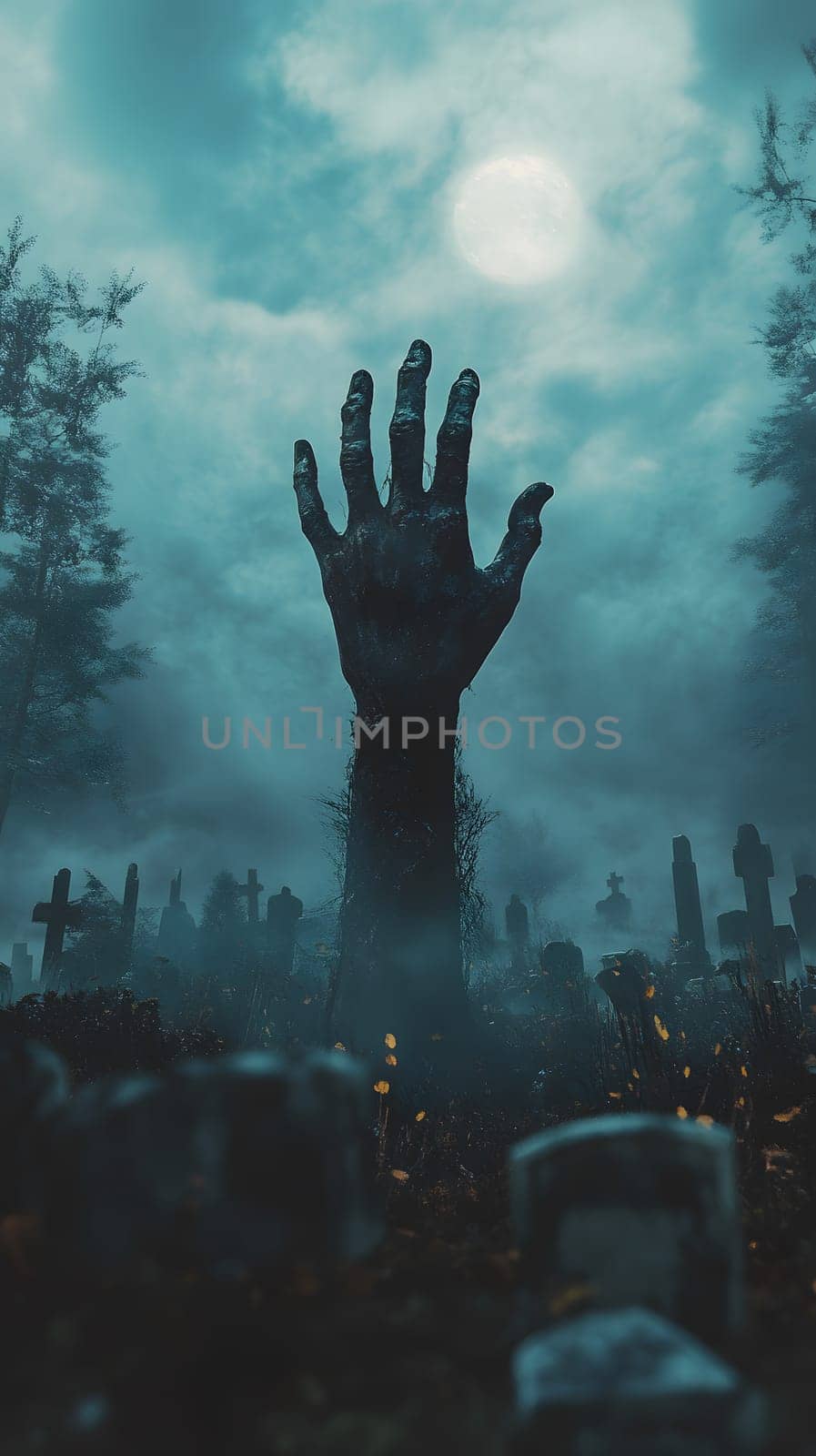 A dark, eerie graveyard scene with a ghostly hand emerging from the ground.