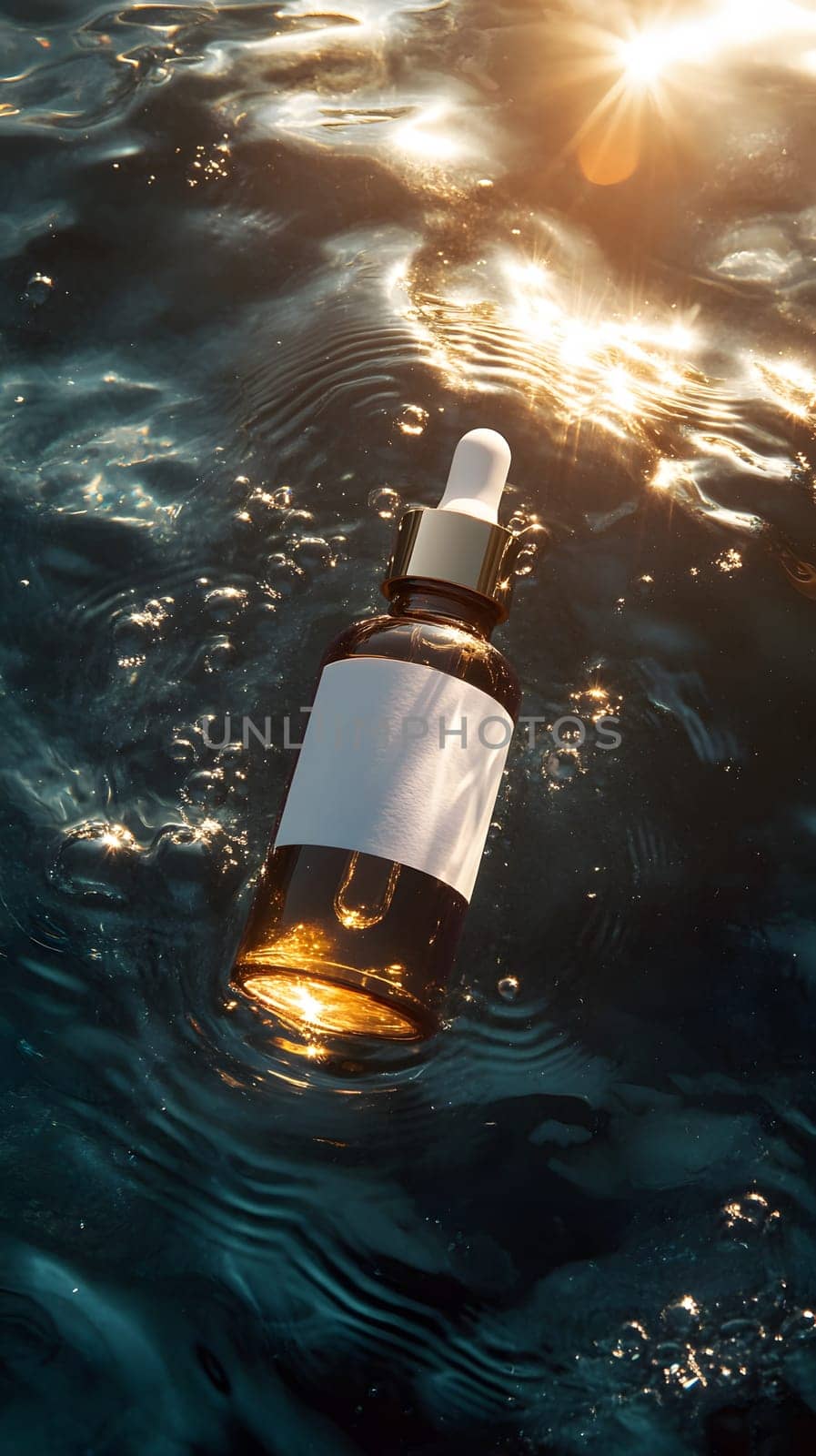 A dropper bottle floating in water, reflecting sunlight.