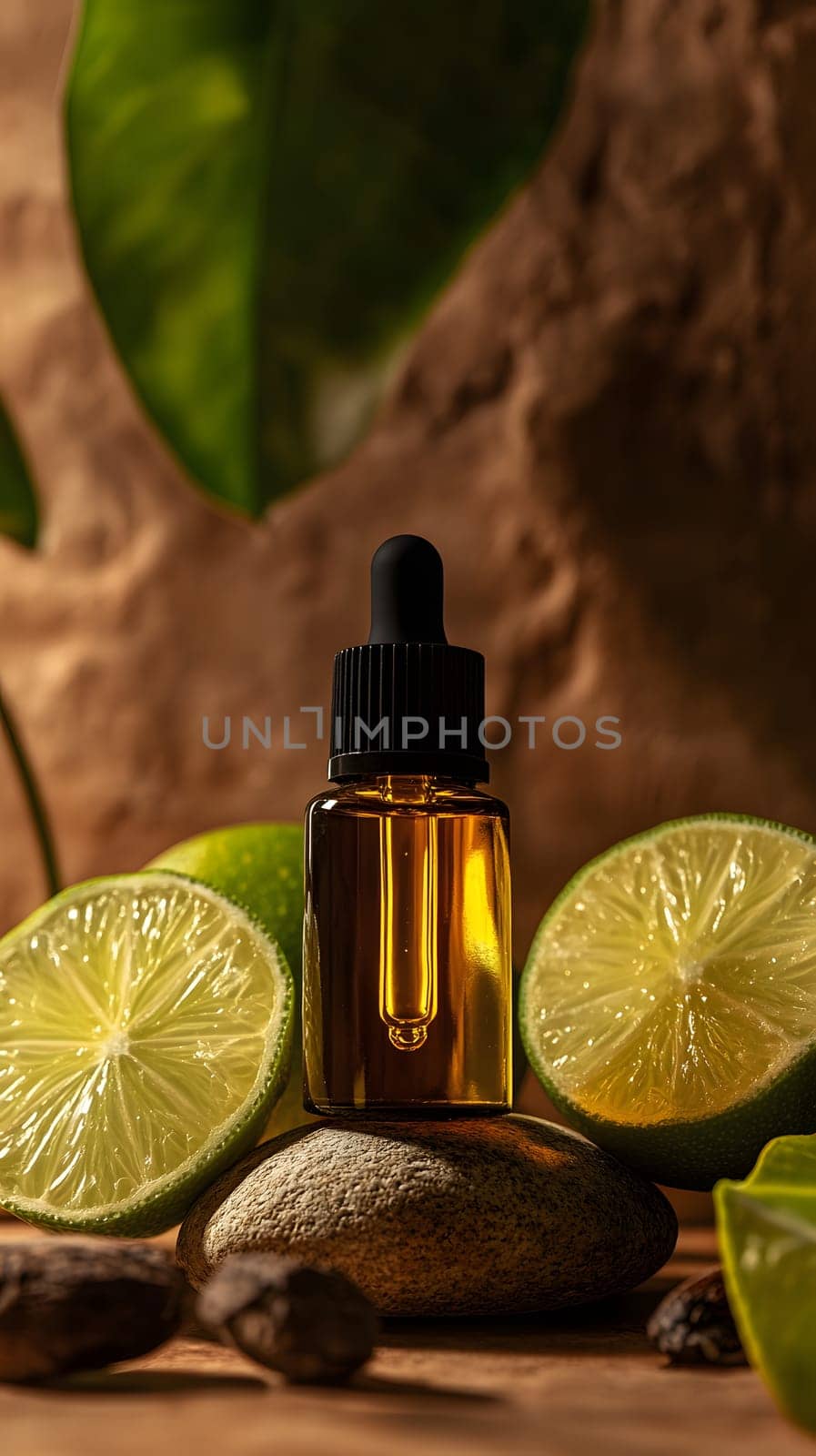 A dropper bottle surrounded by lime halves and stones.