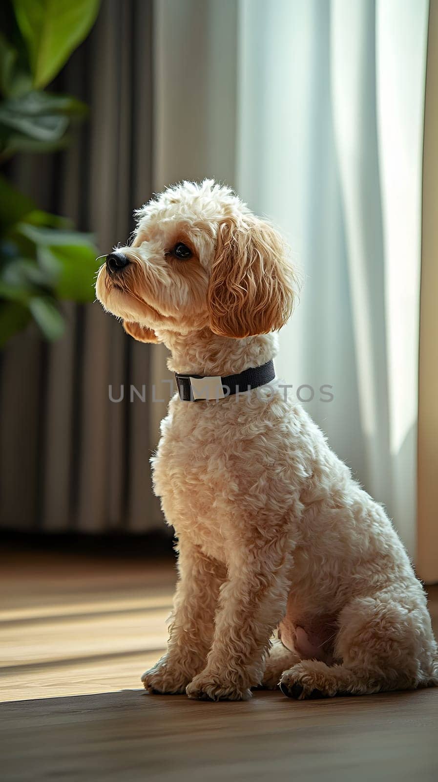 A fluffy dog sitting by a window, basking in soft light.