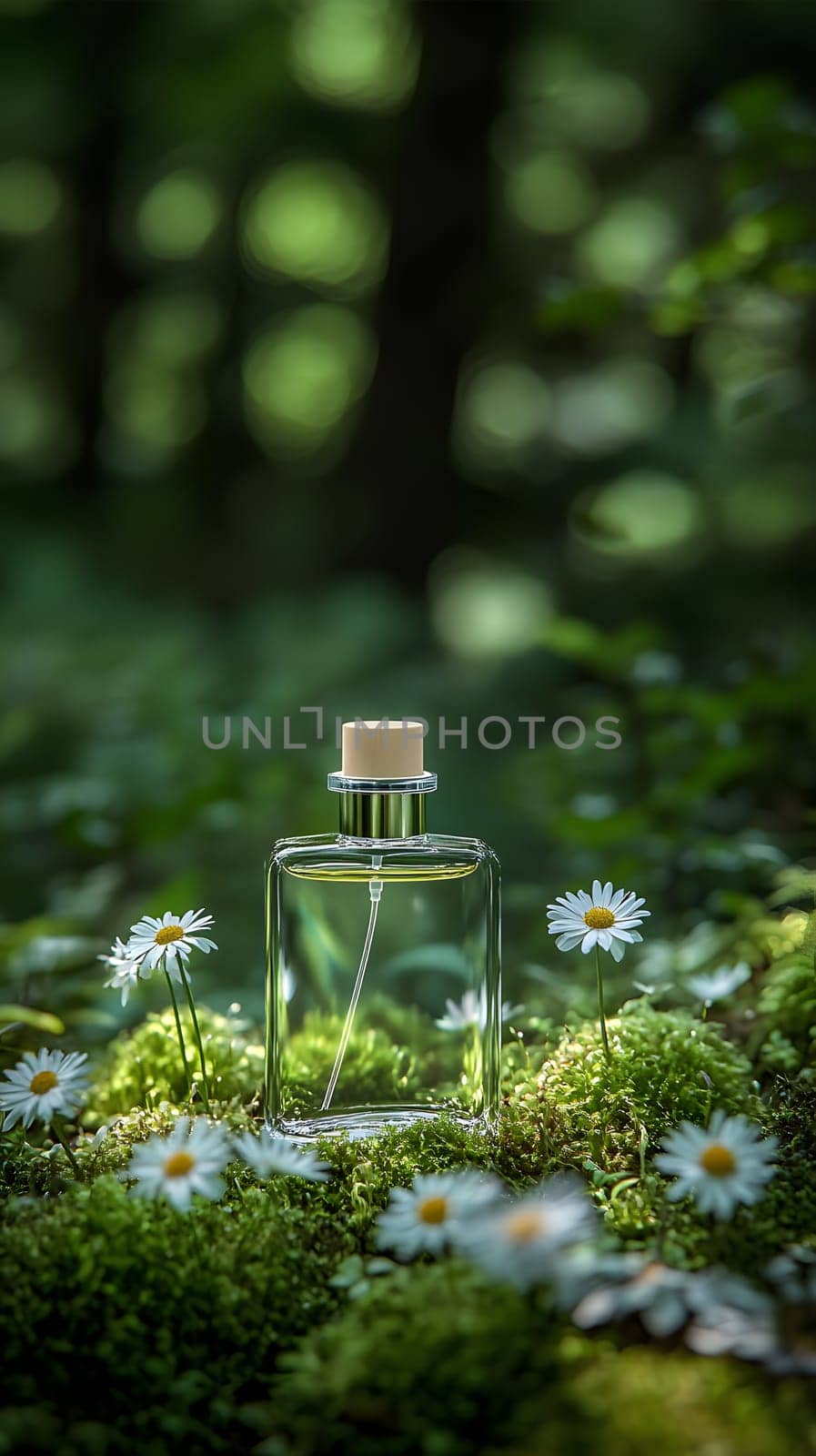 A glass perfume bottle surrounded by flowers and moss in a forest.