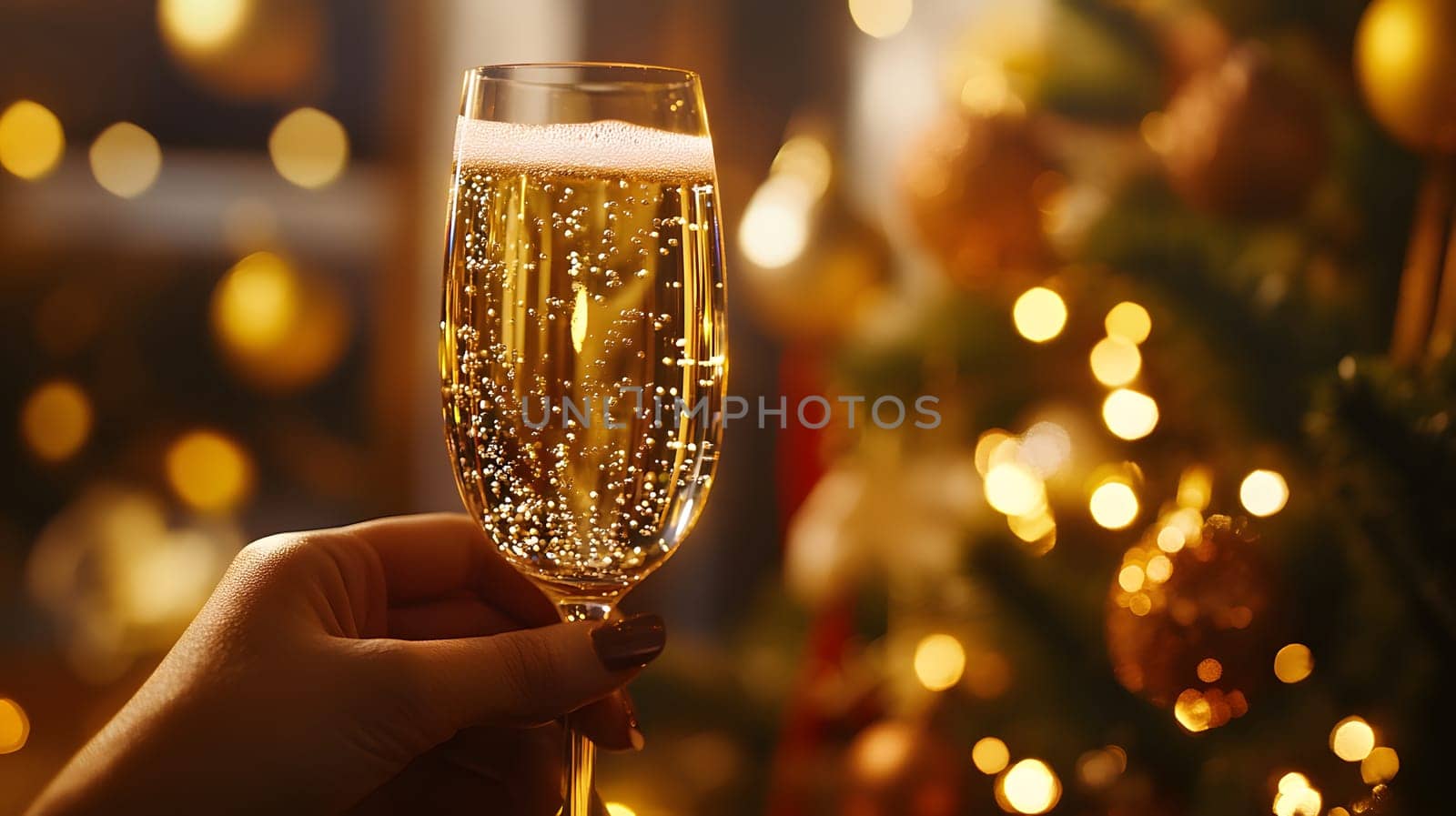 A hand holding a champagne glass with festive bokeh background.