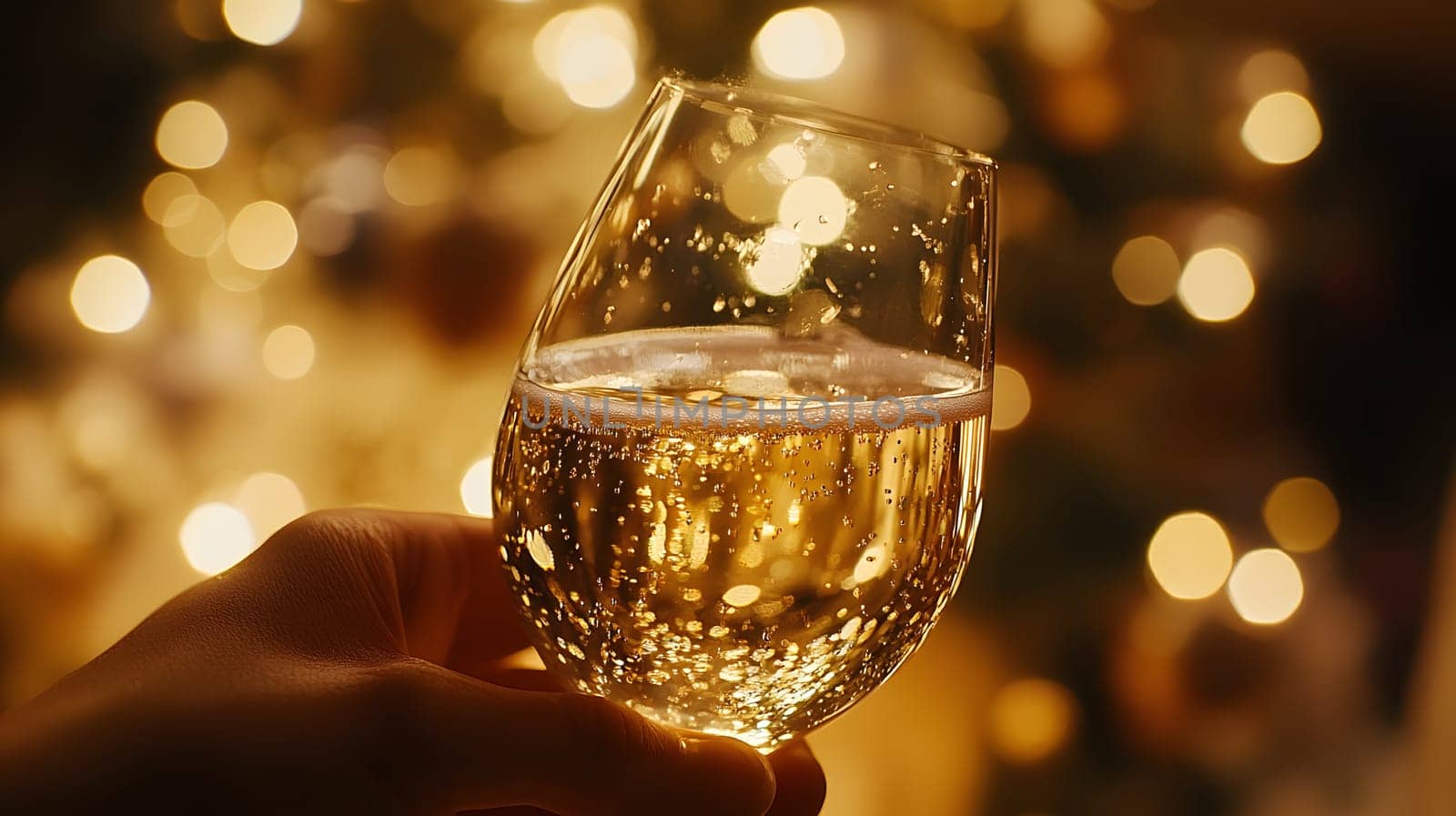 A hand holding a glass of sparkling drink against a festive background.